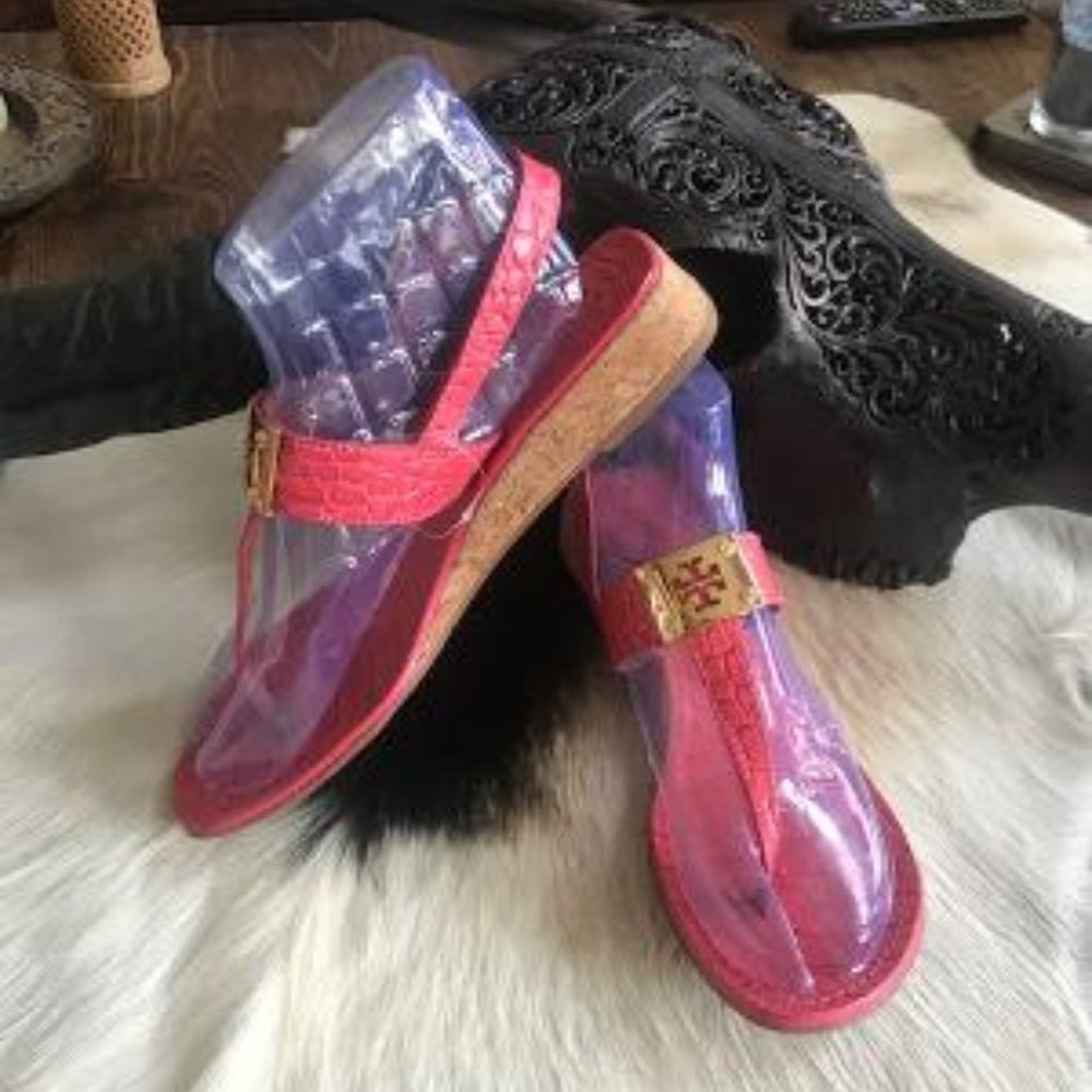 Authentic Tory Burch Python Coral Cork Sandals - image 1